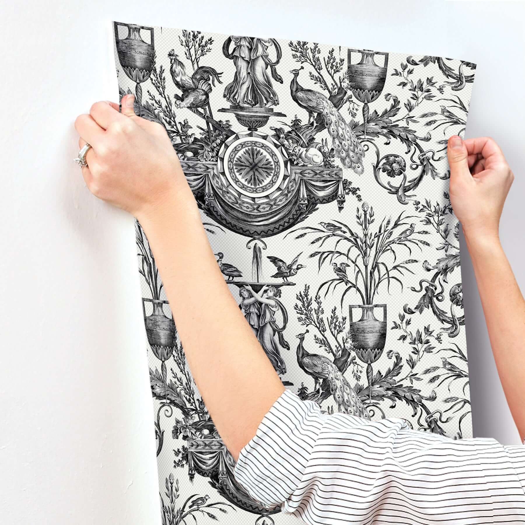 avian-fountain-toile-wallpaper-black-york-wallcoverings-rt7813 - York Wallcoverings Wallpaper