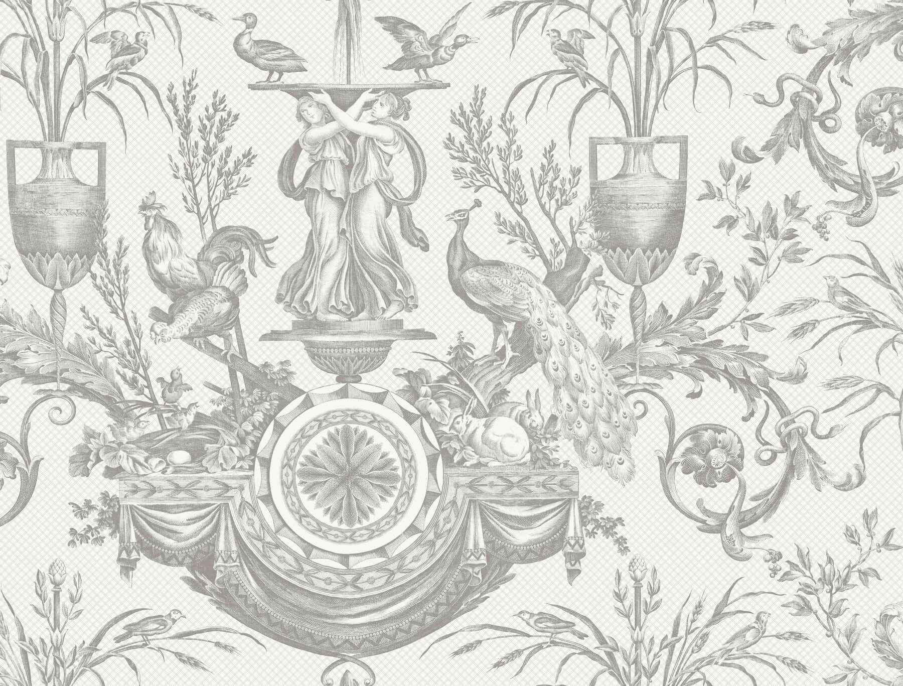 Avian Fountain Toile Grey Wallpaper - York Wallcoverings - RT7815