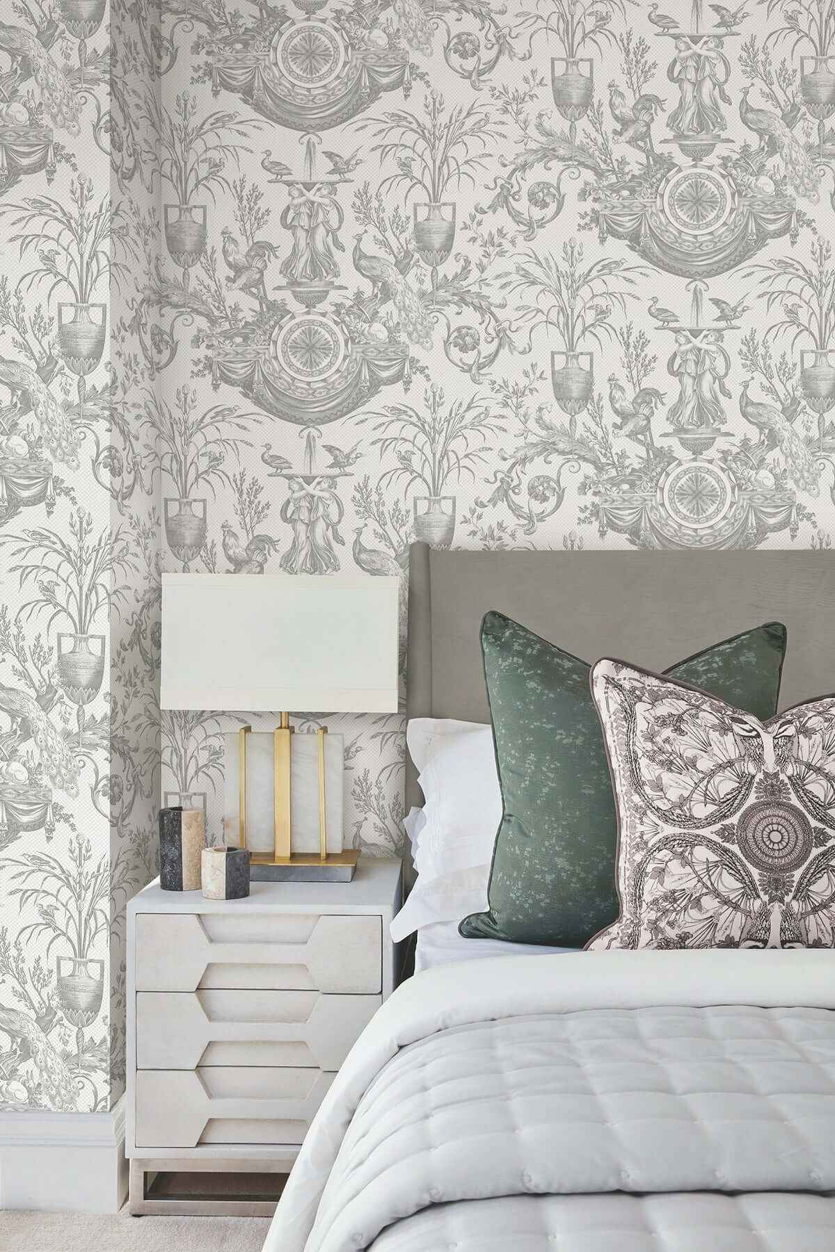 Avian Fountain Toile Grey Wallpaper - York Wallcoverings - RT7815 - York Wallcoverings Wallpaper