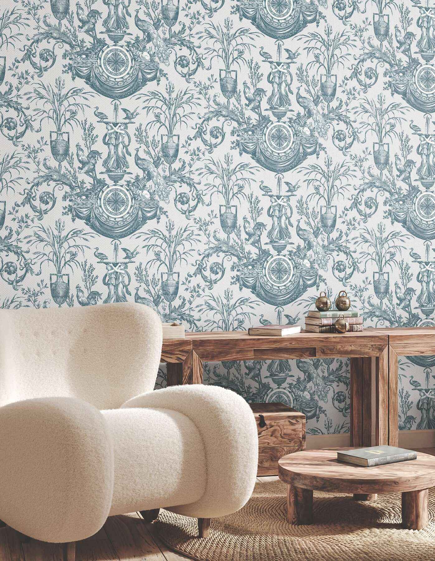 Avian Fountain Toile Jade Wallpaper - York Wallcoverings - RT7811 - York Wallcoverings Wallpaper