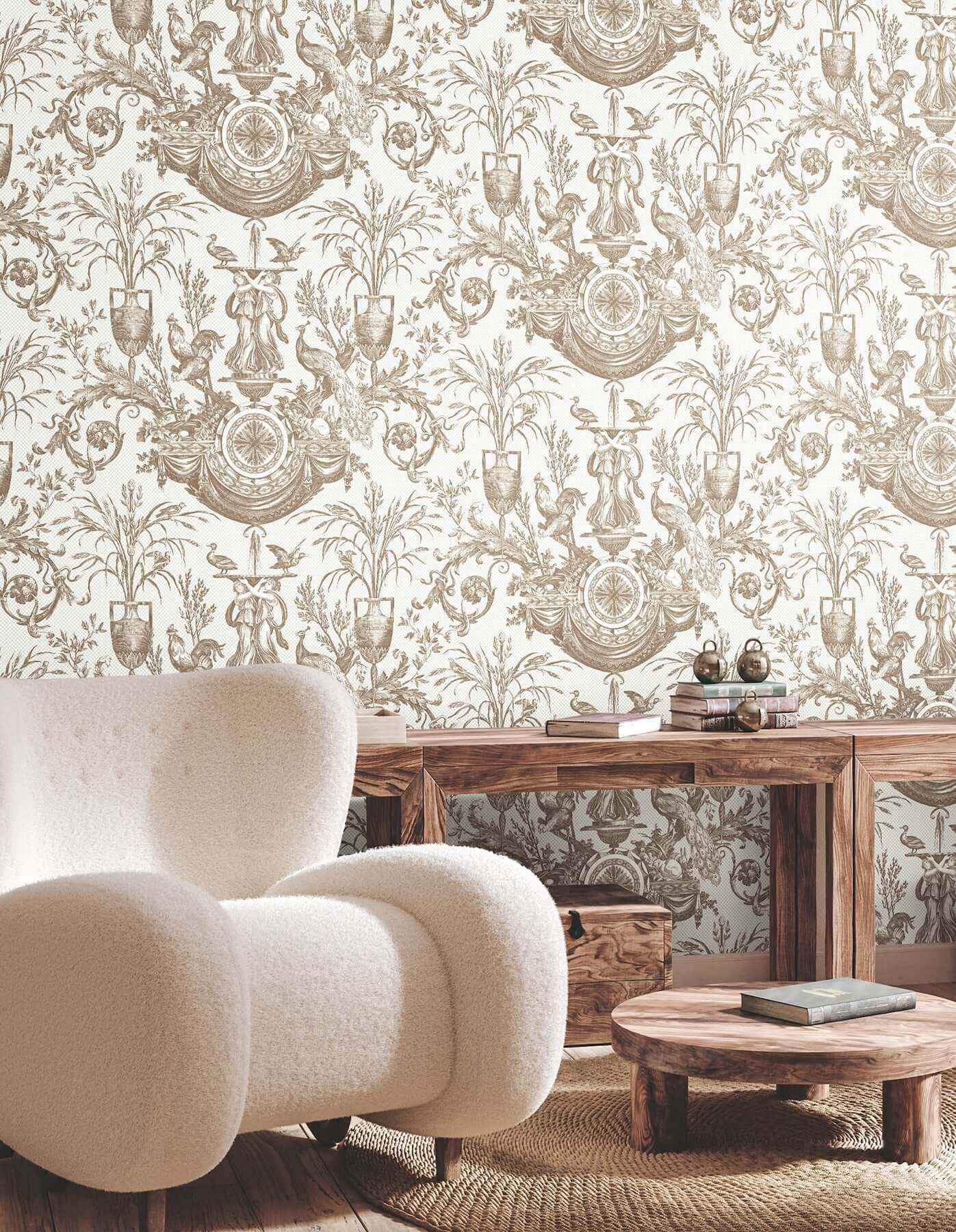Avian Fountain Toile Mink Wallpaper - York Wallcoverings - RT7812 - York Wallcoverings Wallpaper