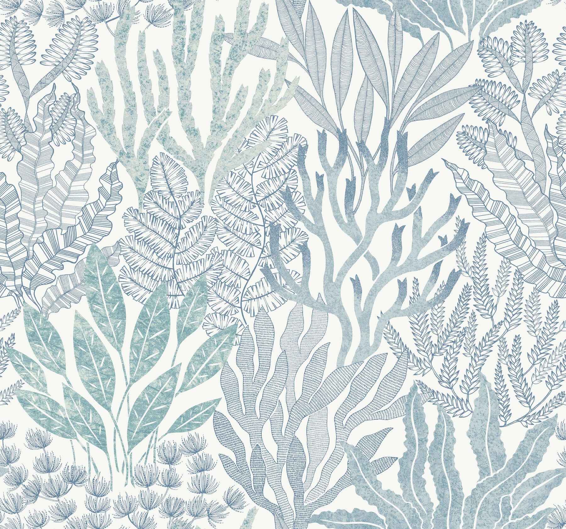 Coral Leaves Blue & Aqua Wallpaper - York Wallcoverings - RT7804 - York Wallcoverings Wallpaper