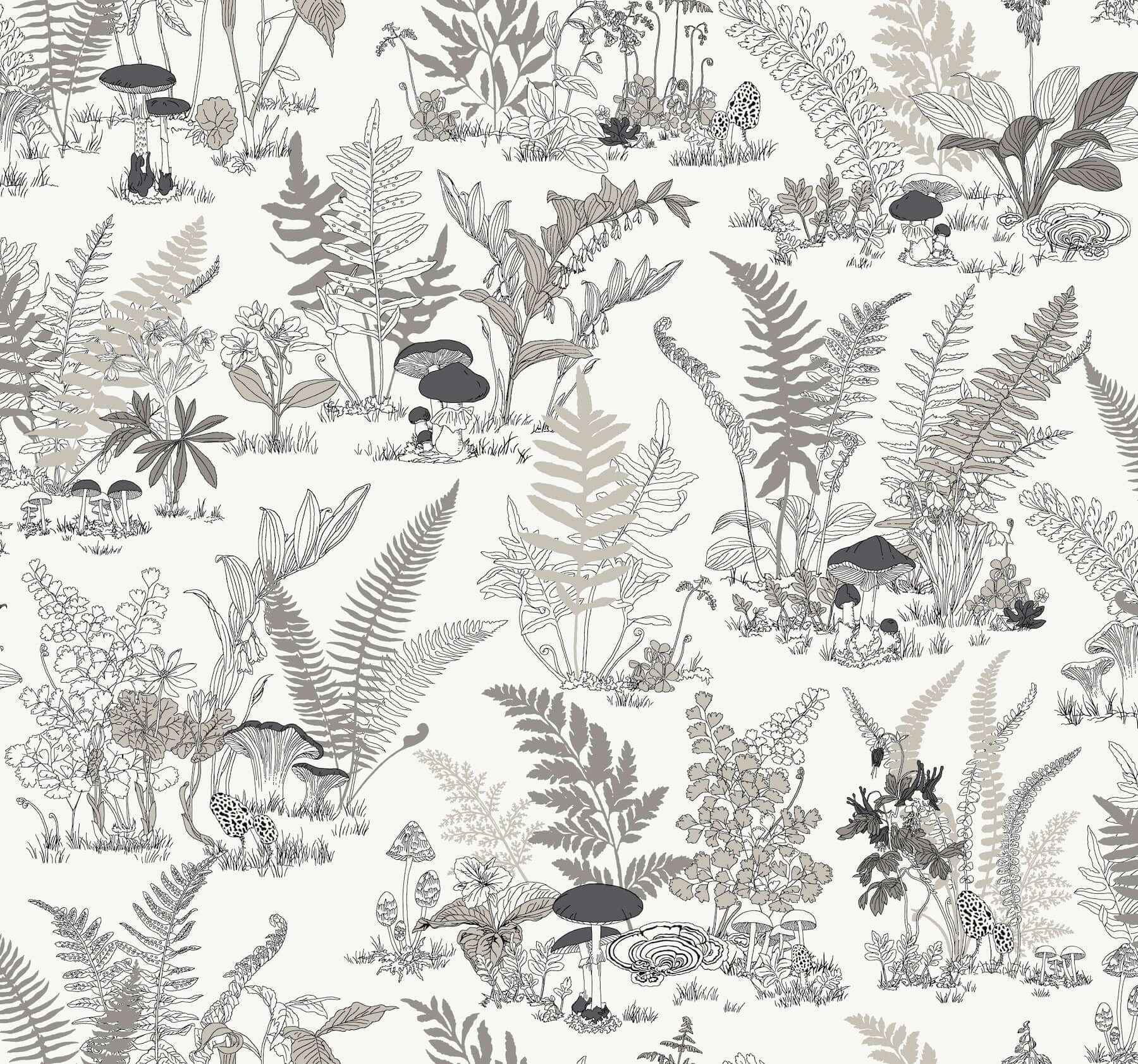 Mushroom Garden Toile Black & Grey Wallpaper - York Wallcoverings - RT7893
