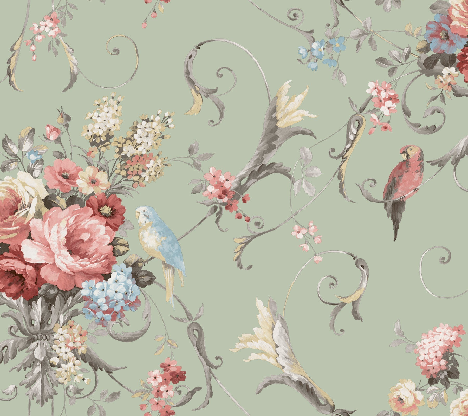 parrots-with-floral-bouquets-premium-peel-stick-wallpaper-green-york-wallcoverings-psw1361rl