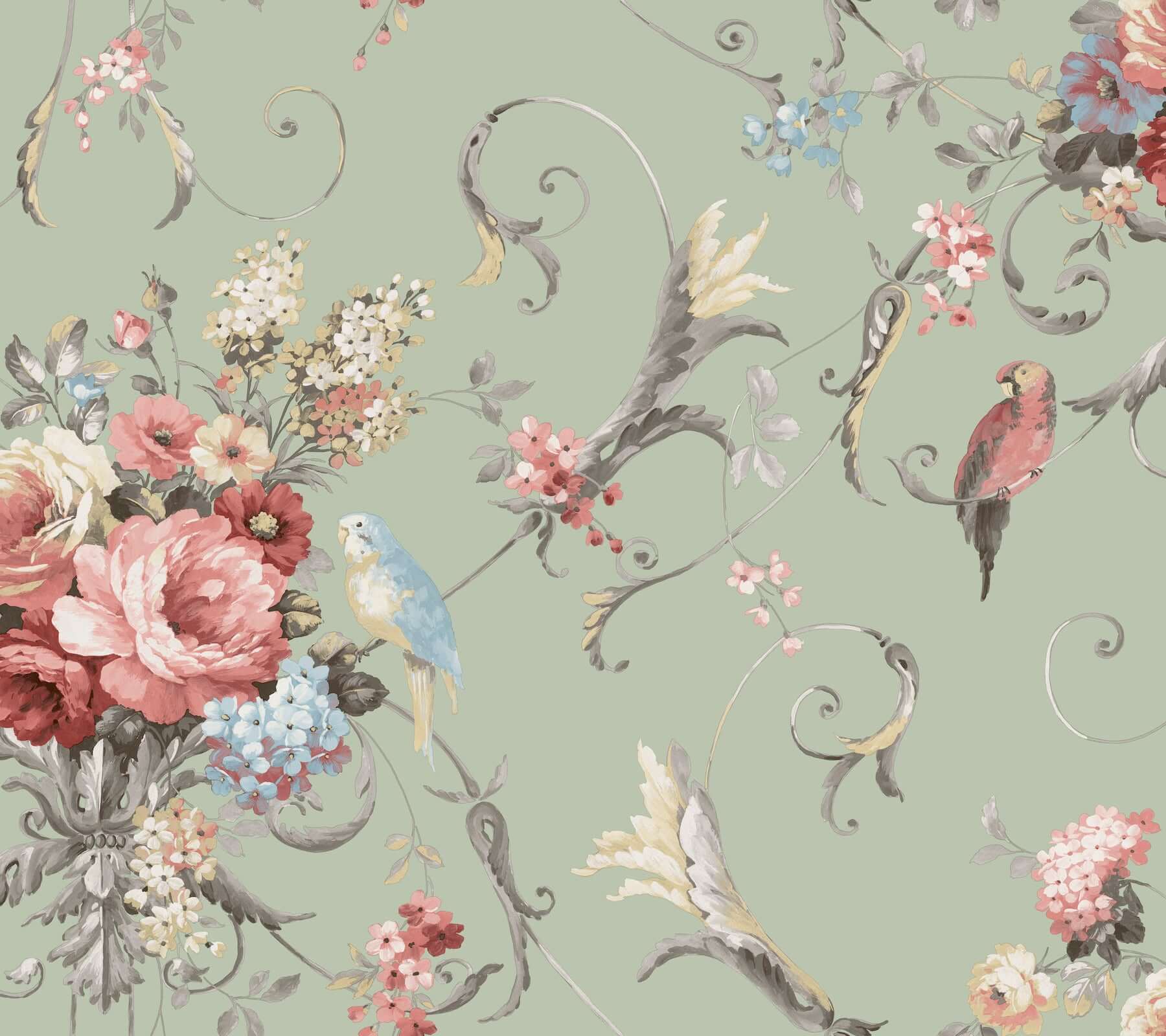 parrots-with-floral-bouquets-eucalyptus-peel-stick-wallpaper-york-wallcoverings-psw1361rl - York Wallcoverings Wallpaper
