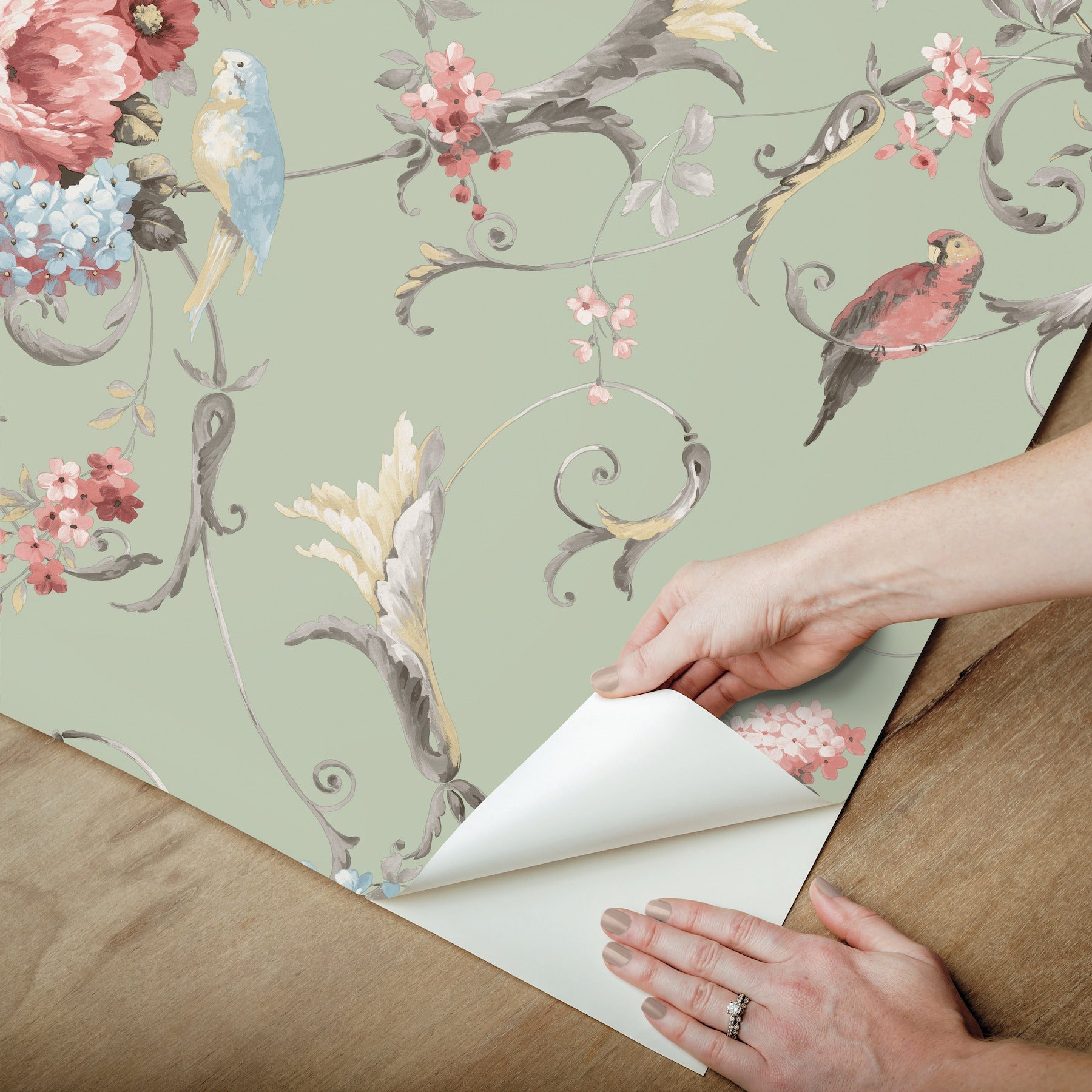 parrots-with-floral-bouquets-premium-peel-stick-wallpaper-green-york-wallcoverings-psw1361rl