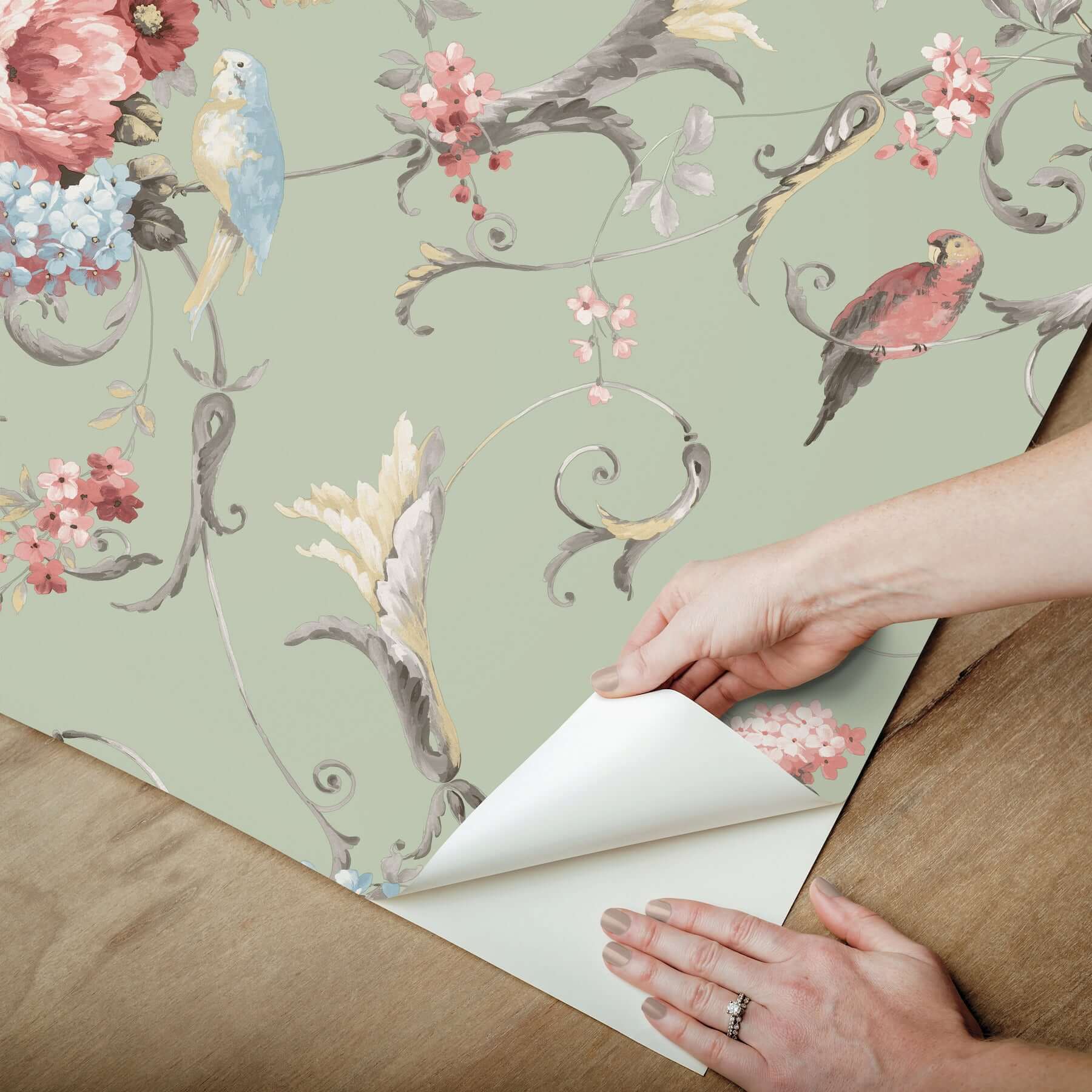 parrots-with-floral-bouquets-eucalyptus-peel-stick-wallpaper-york-wallcoverings-psw1361rl - York Wallcoverings Wallpaper