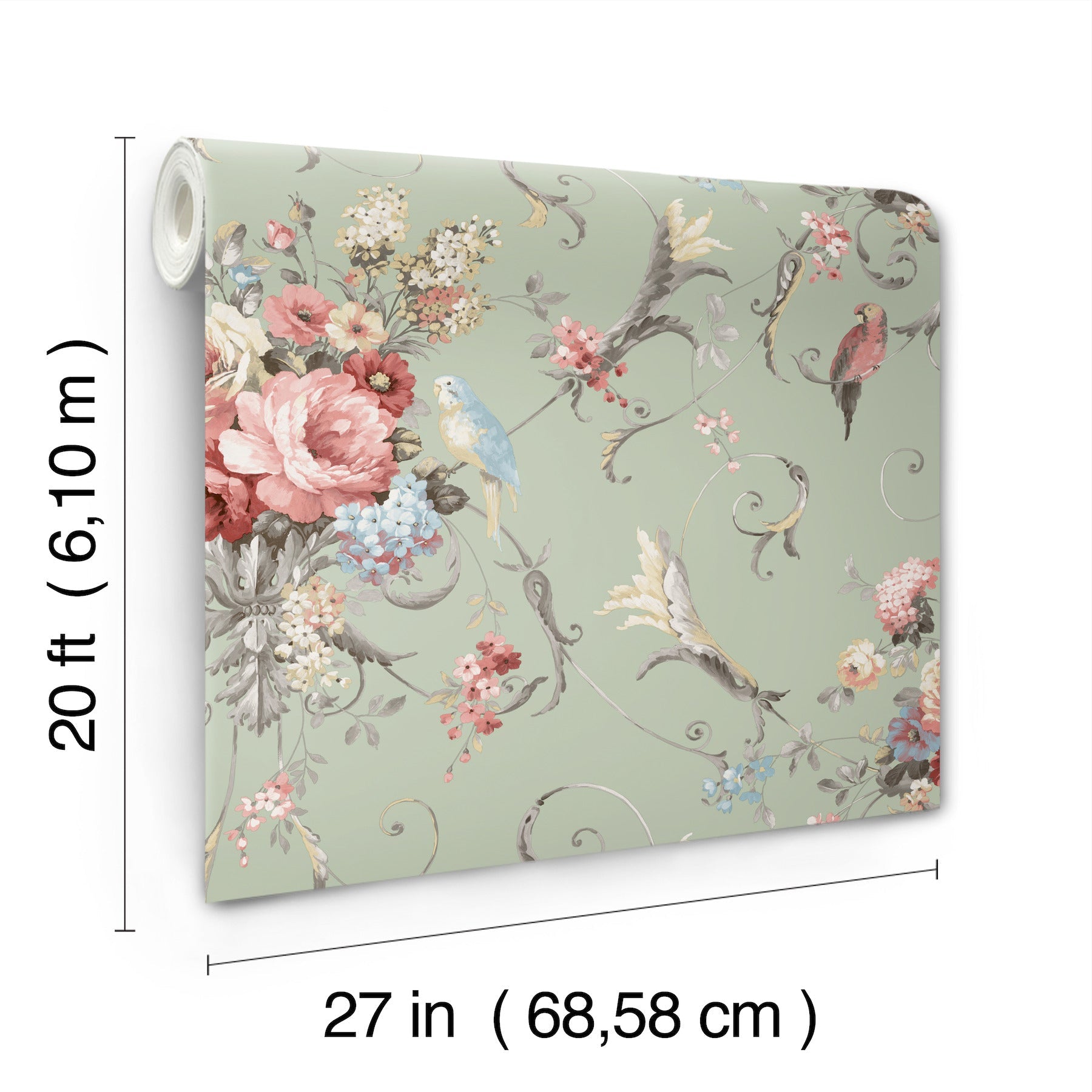 parrots-with-floral-bouquets-premium-peel-stick-wallpaper-green-york-wallcoverings-psw1361rl