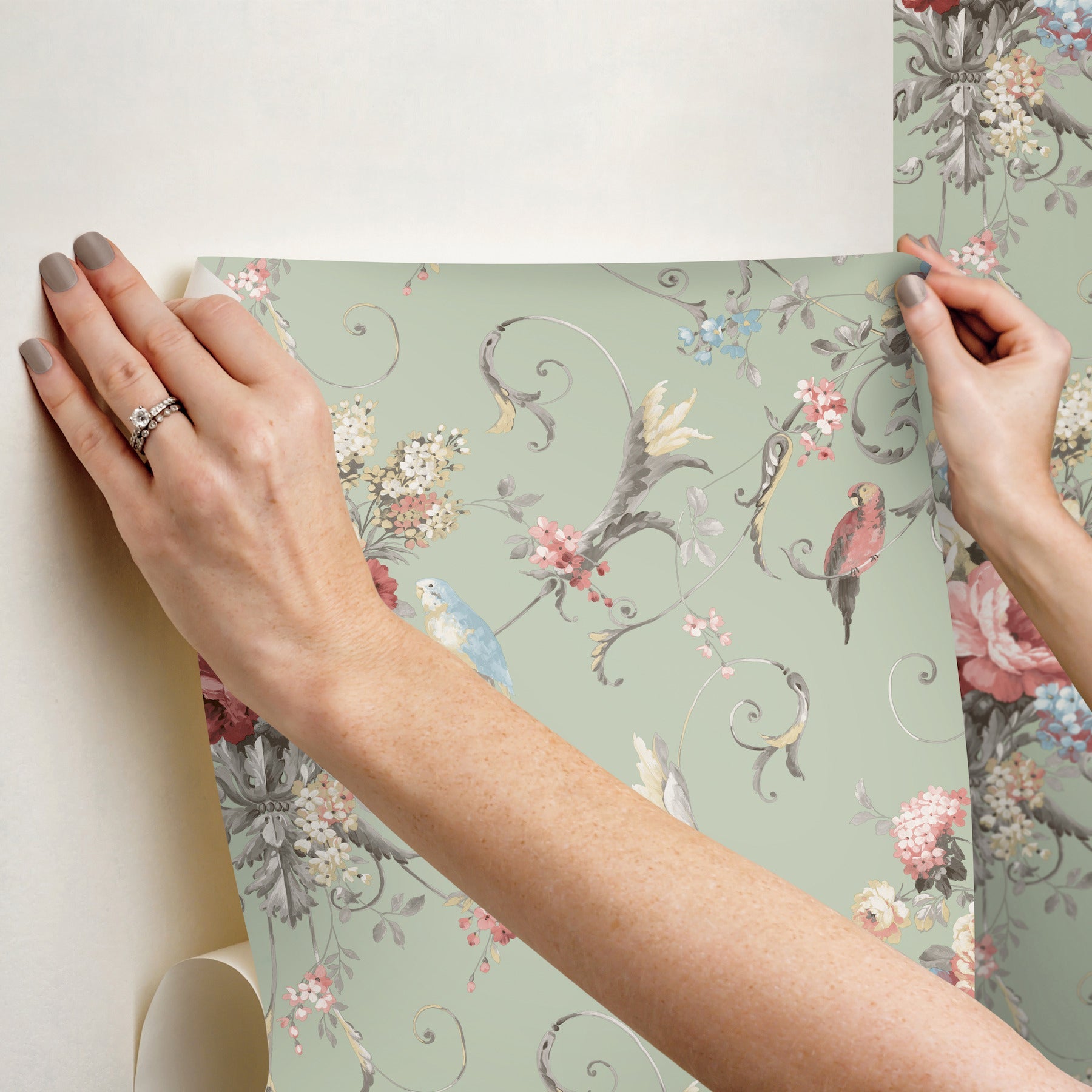 parrots-with-floral-bouquets-premium-peel-stick-wallpaper-green-york-wallcoverings-psw1361rl