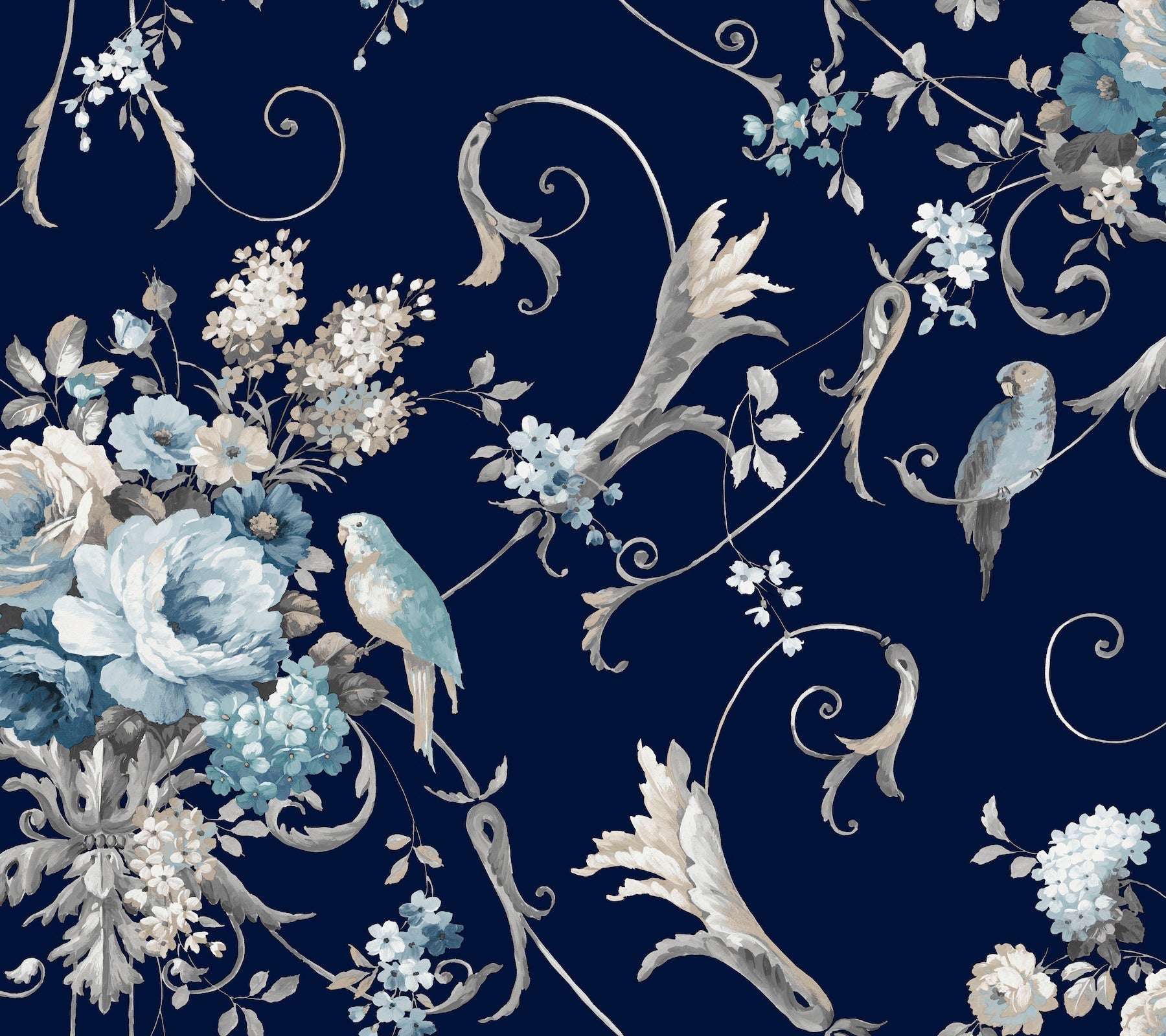 parrots-with-floral-bouquets-premium-peel-stick-wallpaper-navy-york-wallcoverings-psw1360rl