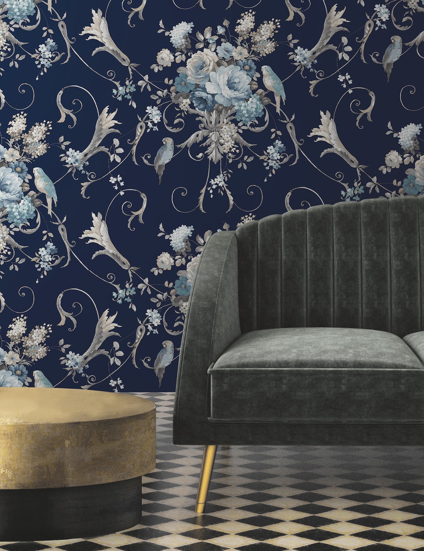 parrots-with-floral-bouquets-premium-peel-stick-wallpaper-navy-york-wallcoverings-psw1360rl