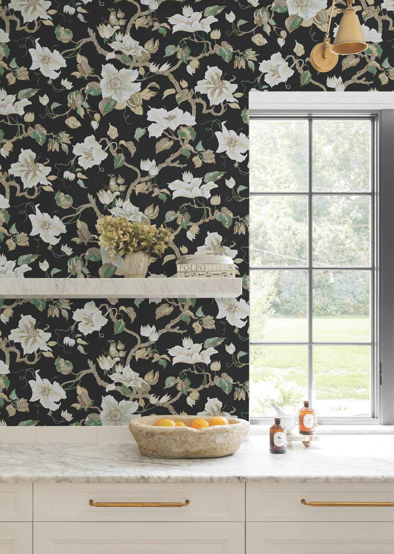 Marguerite Vine Black Wallpaper - York Wallcoverings - GT4514 - York Wallcoverings Wallpaper