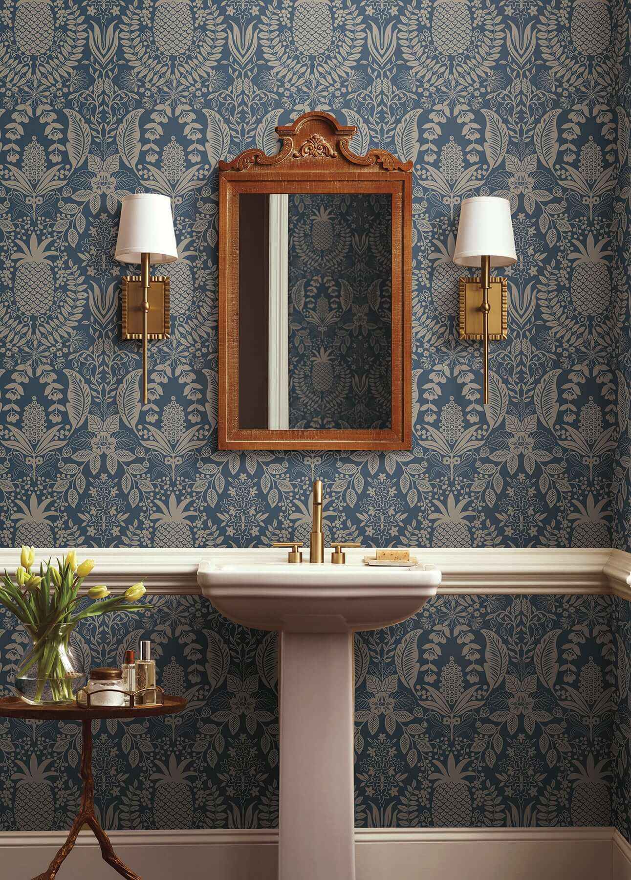 Pineapple Damask Navy Wallpaper - York Wallcoverings - RF7486 - York Wallcoverings Wallpaper