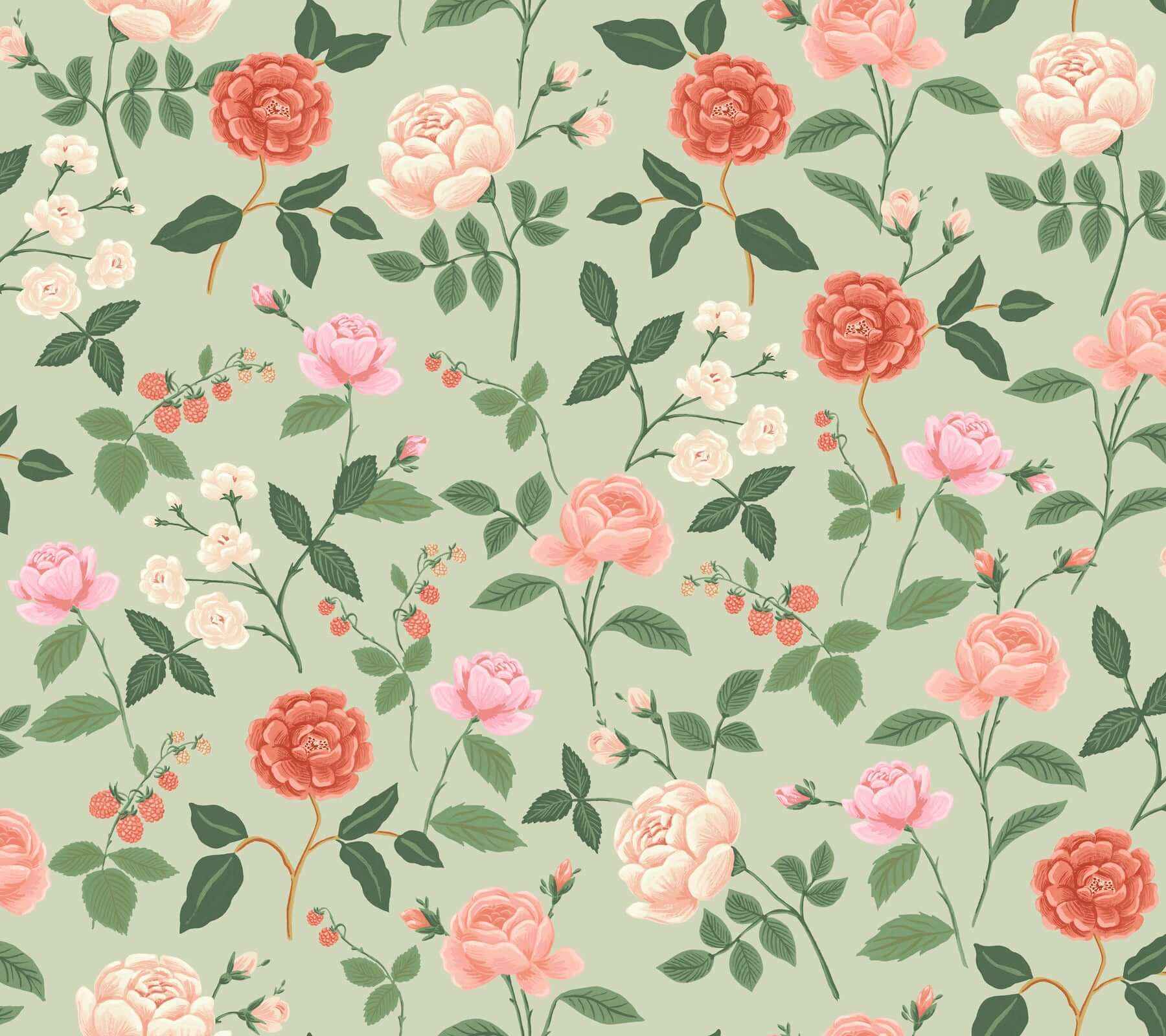 Roses Mint Wallpaper - York Wallcoverings - RF7545 - York Wallcoverings Wallpaper