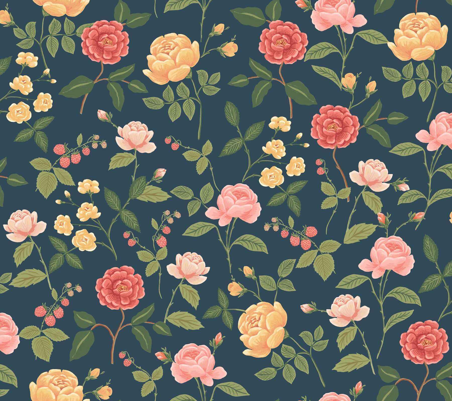 Roses Navy Wallpaper - York Wallcoverings - RF7544