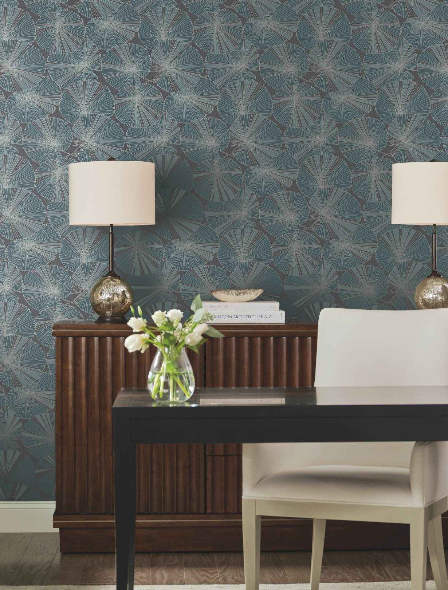 Layered Deep Blue Lily Pads Wallpaper - York Wallcoverings - NT6113 - York Wallcoverings Wallpaper