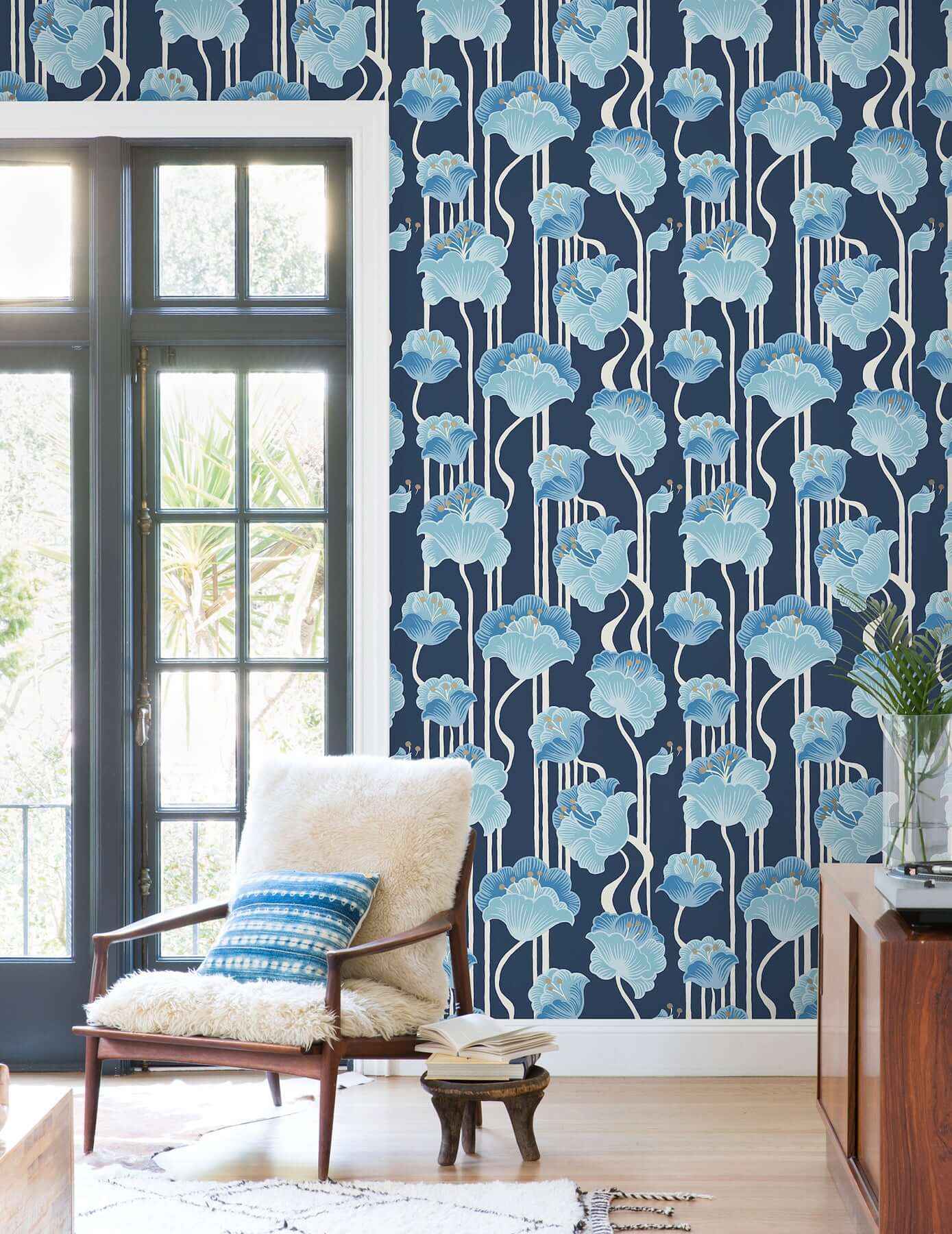 Shirley Blue Deco Floral Peel & Stick Wallpaper - York Wallcoverings - PSW1569RL - York Wallcoverings Wallpaper