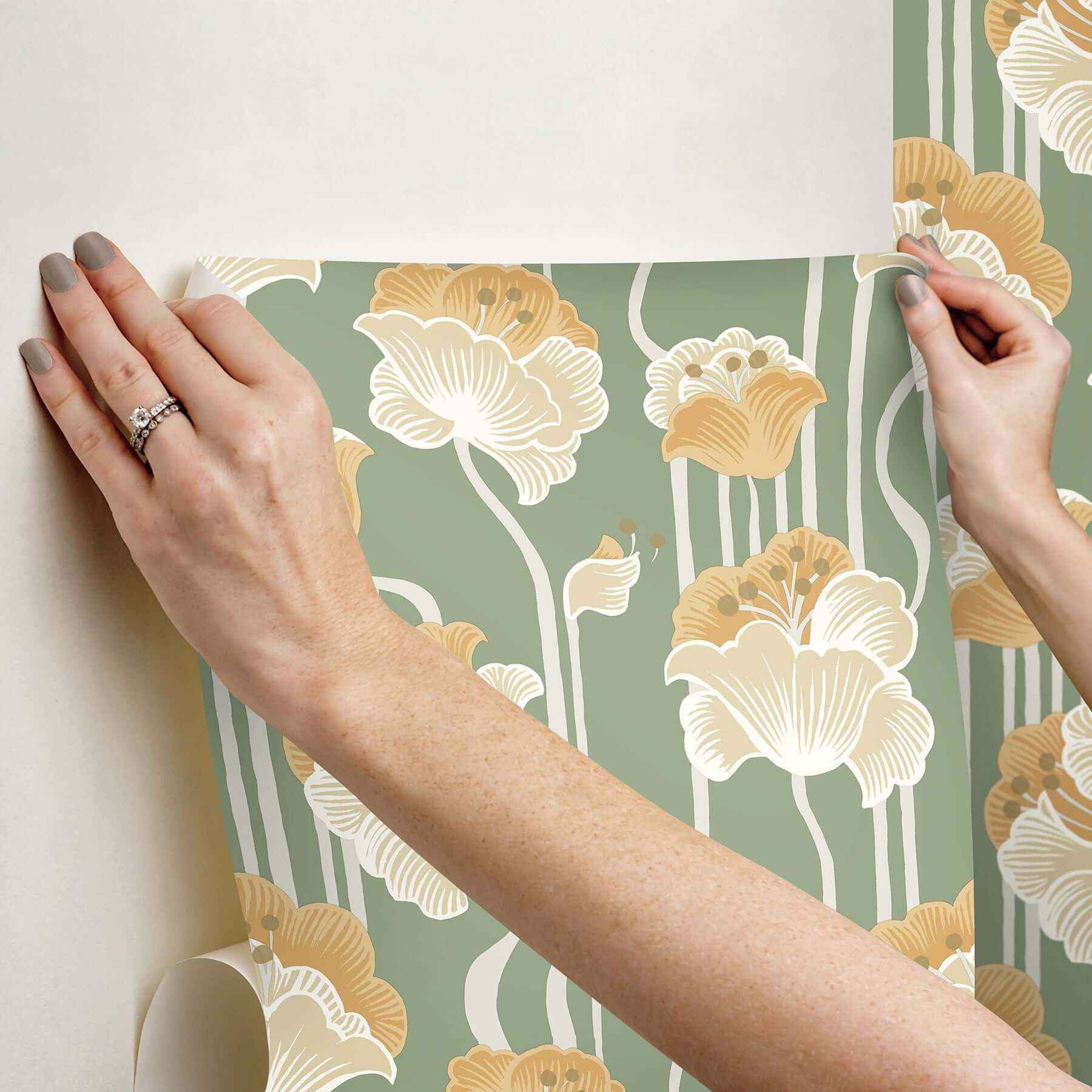 Shirley Green Deco Floral Peel & Stick Wallpaper - York Wallcoverings - PSW1570RL - York Wallcoverings Wallpaper