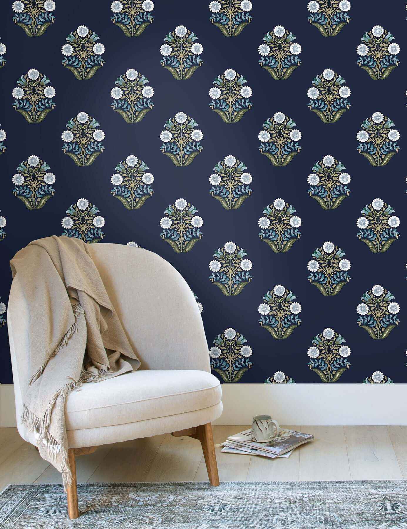 Sophie Navy Floral Medallion Peel & Stick Wallpaper - York Wallcoverings - PSW1576RL - York Wallcoverings Wallpaper