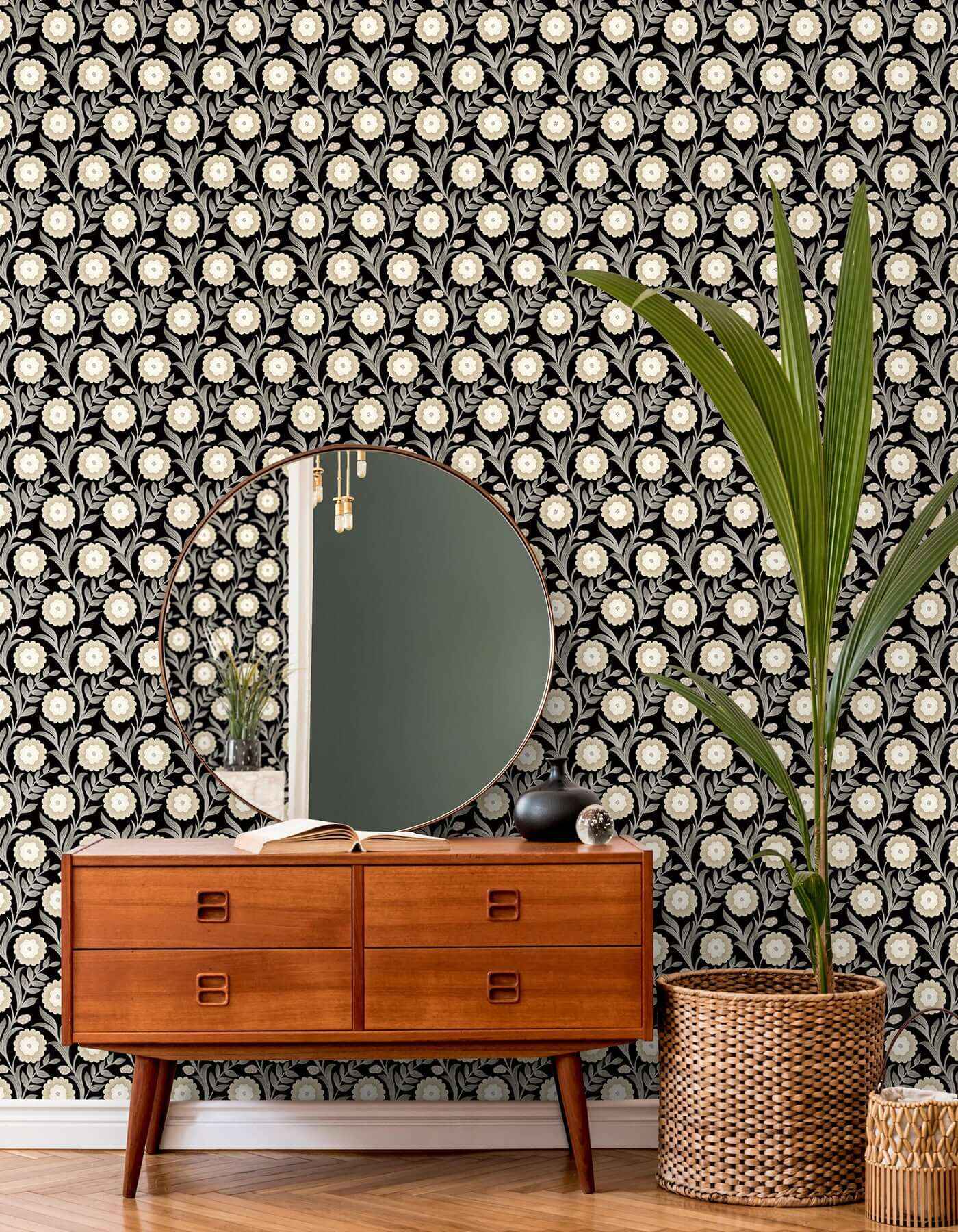Lillian Black Floral Vine Peel & Stick Wallpaper - York Wallcoverings - PSW1581RL - York Wallcoverings Wallpaper