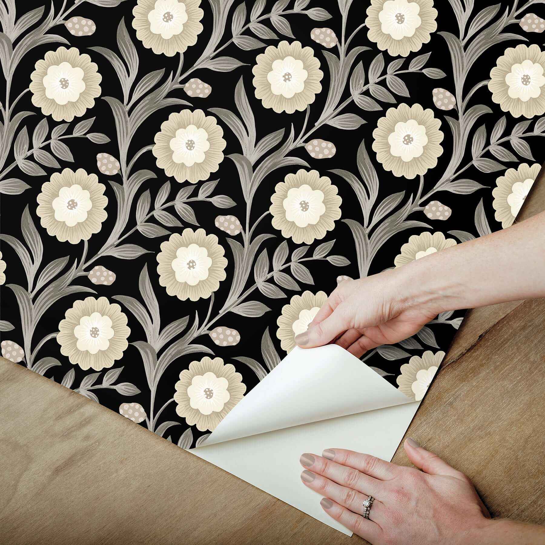 Lillian Black Floral Vine Peel & Stick Wallpaper - York Wallcoverings - PSW1581RL - York Wallcoverings Wallpaper