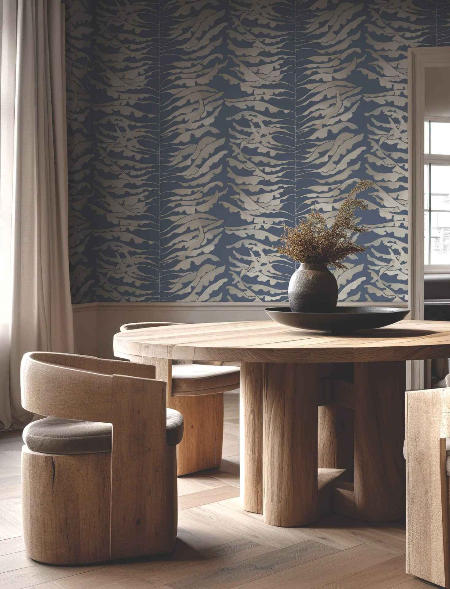 Leaf Column Navy Wallpaper - York Wallcoverings - FM1043