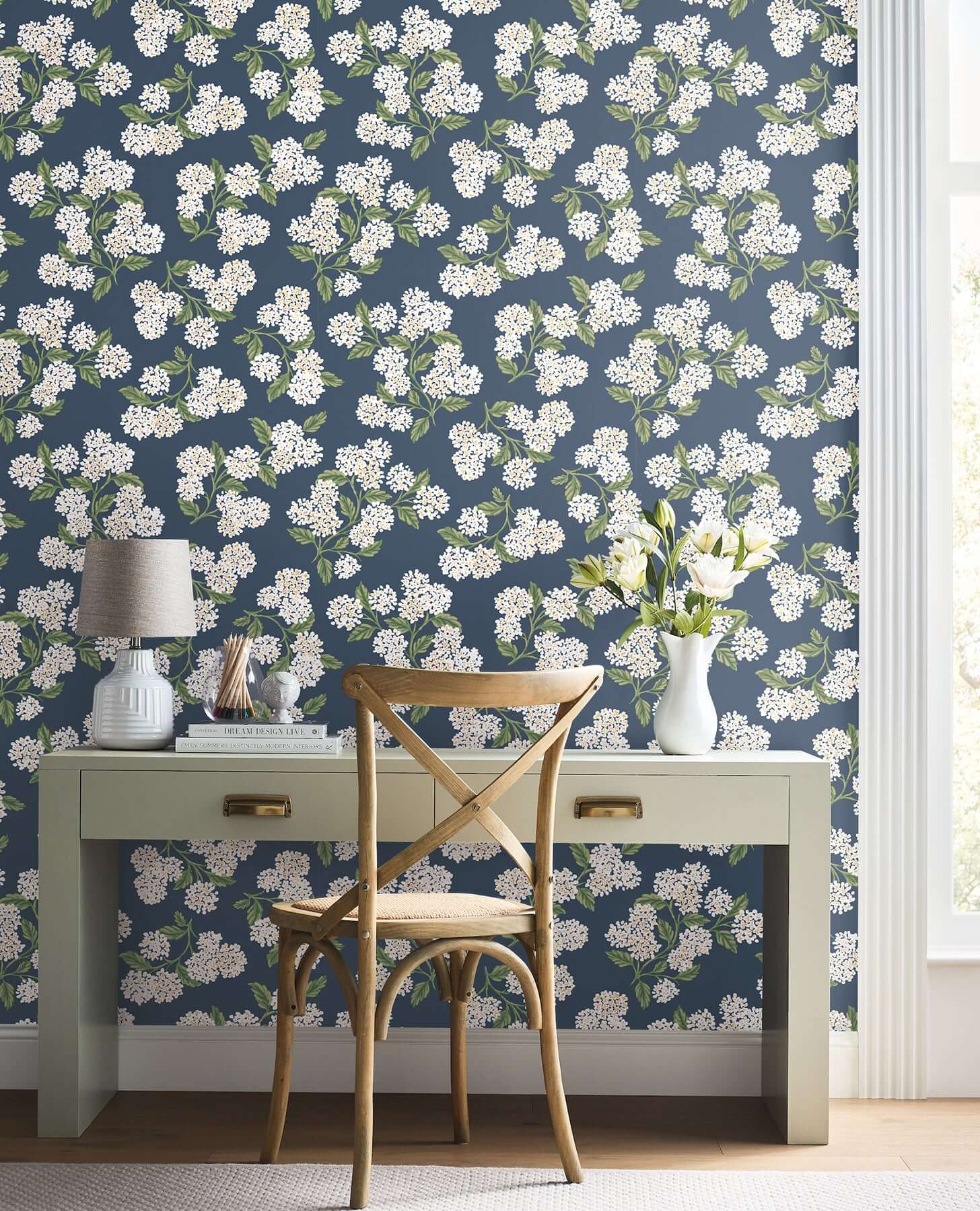 hydrangea-navy-white-peel-stick-wallpaper-york-wallcoverings-psw1619rl - York Wallcoverings Wallpaper