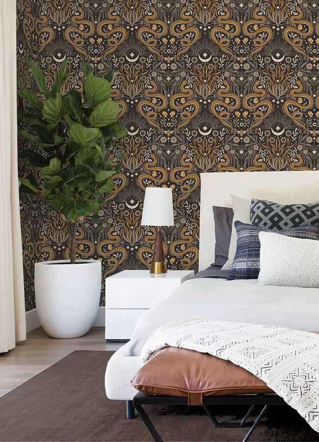Mystic Serpent Black Gold Peel and Stick Wallpaper - York Wallcoverings - RMWS1255 - York Wallcoverings Wallpaper