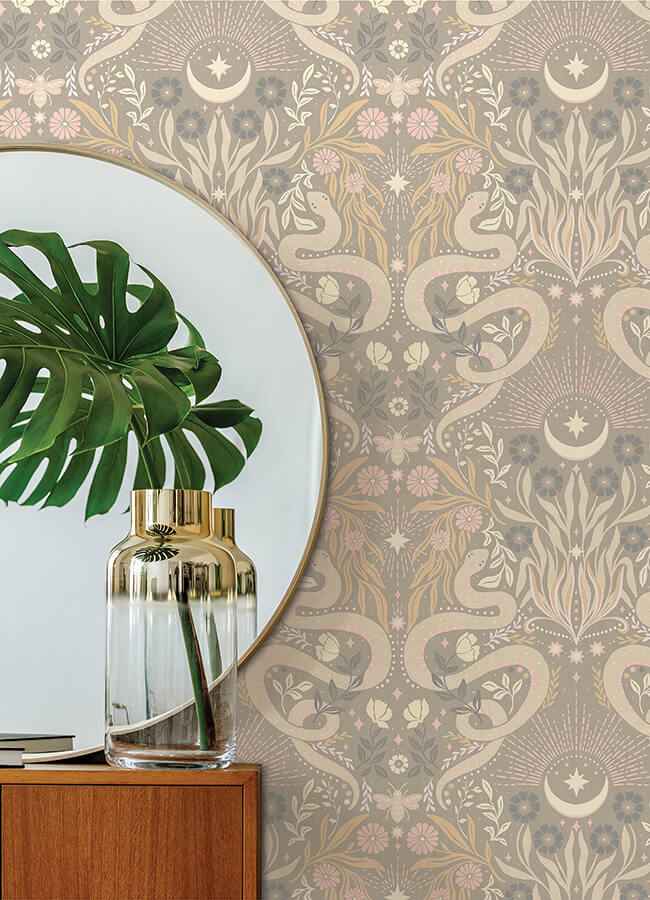 Mystic Serpent Taupe Peel and Stick Wallpaper - York Wallcoverings - RMWS1258 - York Wallcoverings Wallpaper