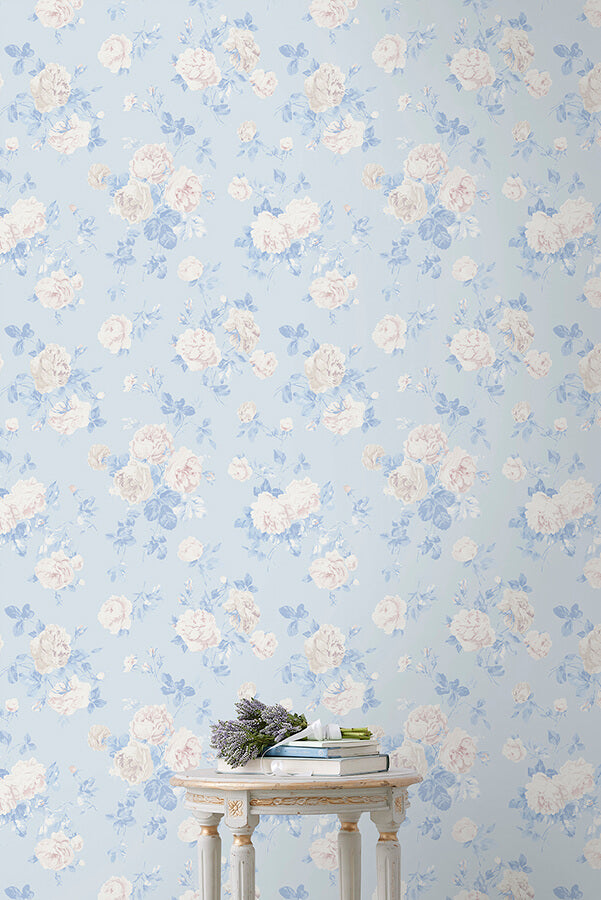 everblooming-rosettes-whisper-blue-cabbage-rose-bouquets-wallpaper-york-wallcoverings-ast6492 - York Wallcoverings Wallpaper