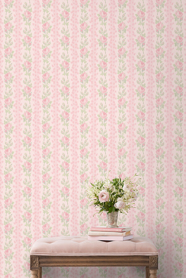 blooming-heirloom-strawberry-macaron-rose-stripe-wallpaper-york-wallcoverings-ast6493 - York Wallcoverings Wallpaper