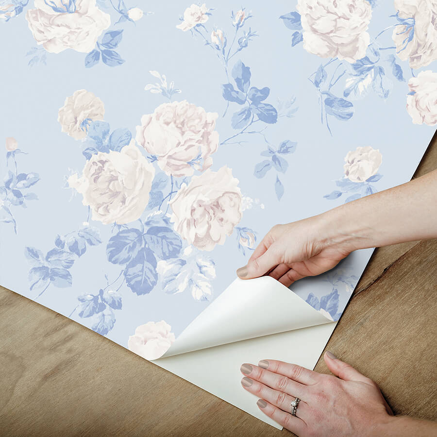 everblooming-rosettes-whisper-blue-cabbage-rose-bouquets-peel-and-stick-wallpaper-york-wallcoverings-lfs6490 - York Wallcoverings Wallpaper
