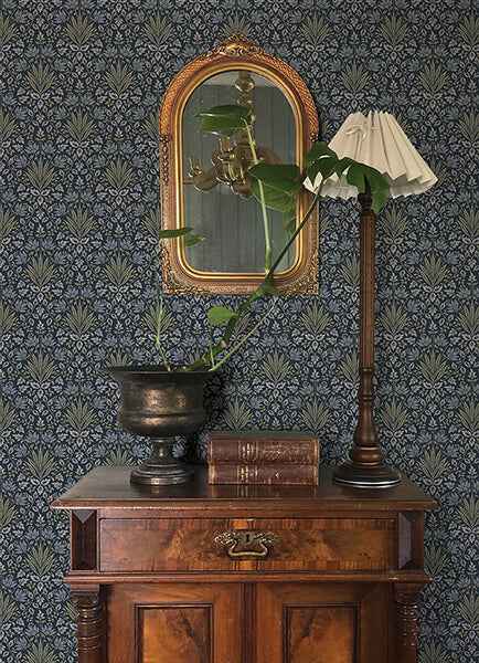 Woodbury Navy Floral Damask Wallpaper - York Wallcoverings - 4173-27634