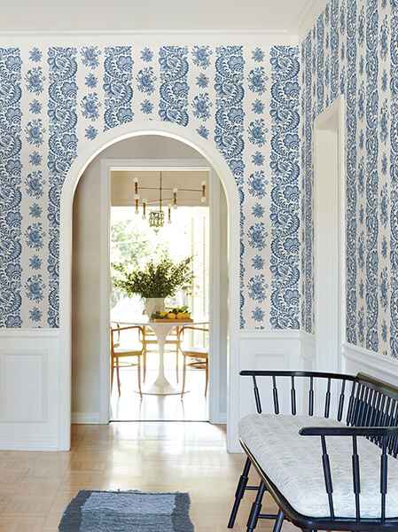 Beaumont Blue Floral Stripe Wallpaper - York Wallcoverings - VP1302