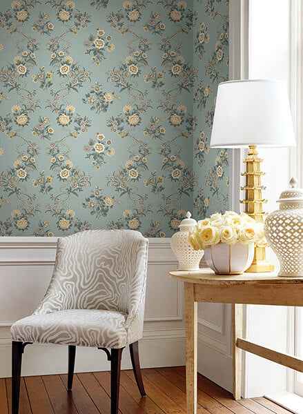 Genevieve Harbor Blue Floral Trail Wallpaper - York Wallcoverings - VP1422