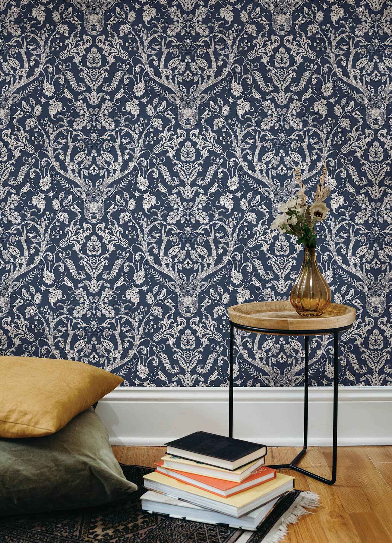 Kiwassa Navy Antler Damask Wallpaper - York Wallcoverings - 4169-12703