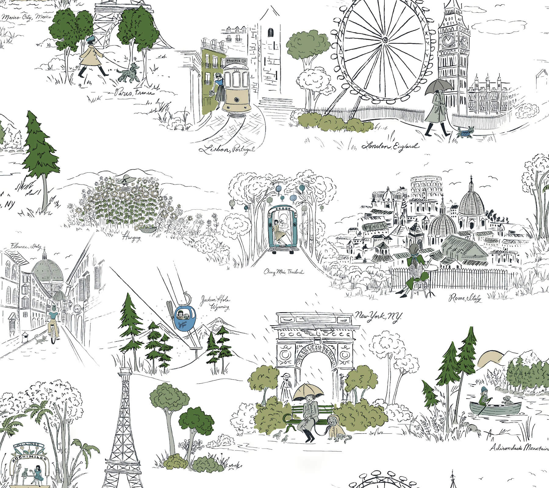 travel-sketches-blue-globetrotter-premium-peel-stick-wallpaper-york-wallcoverings-psw1682rl - York Wallcoverings Wallpaper