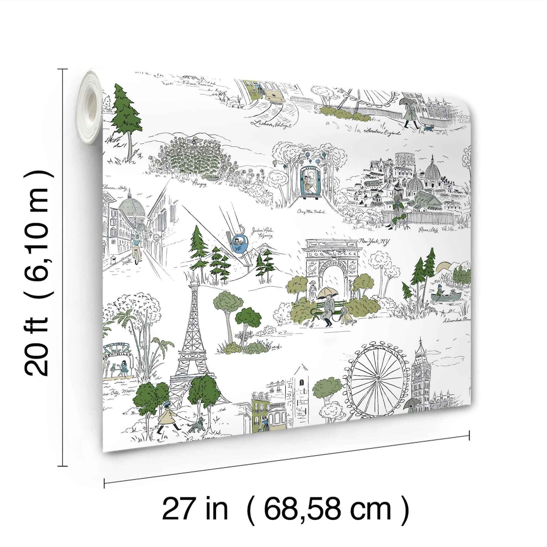 Travel Sketches Blue Globetrotter Premium Peel + Stick Wallpaper - York Wallcoverings - PSW1682RL - York Wallcoverings Wallpaper