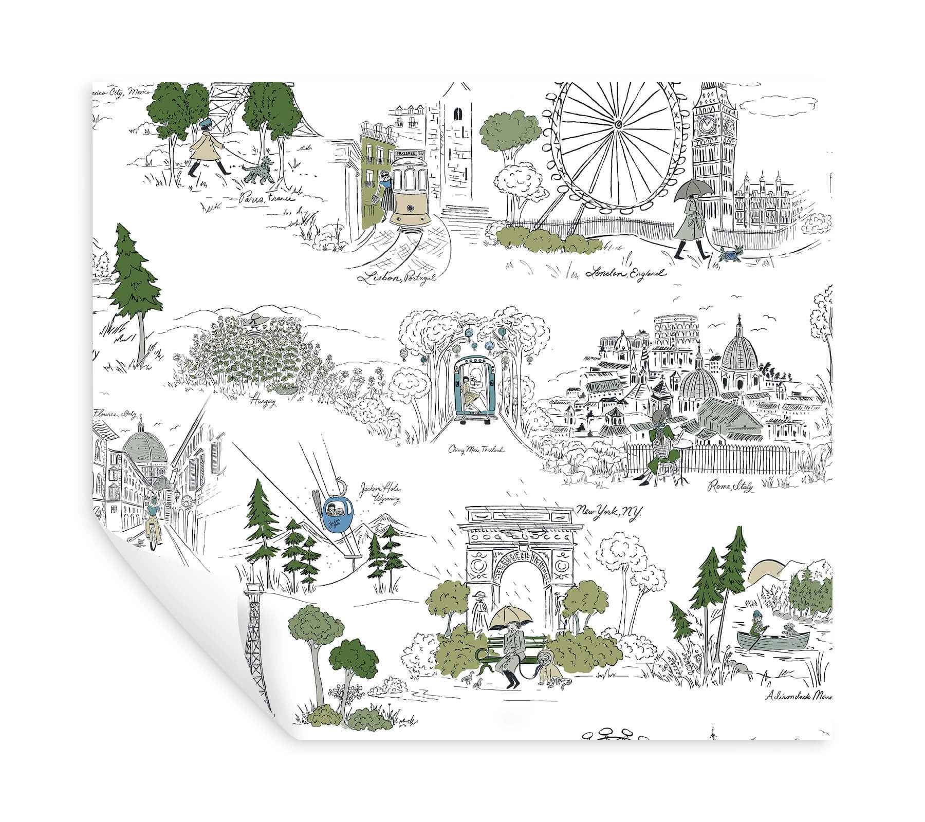 Travel Sketches Blue Globetrotter Premium Peel + Stick Wallpaper - York Wallcoverings - PSW1682RL - York Wallcoverings Wallpaper