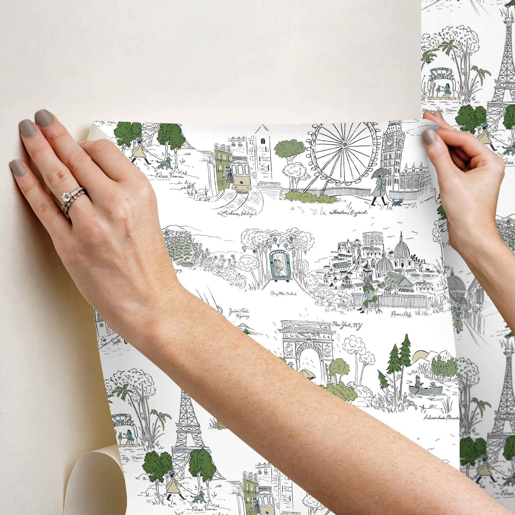 Travel Sketches Blue Globetrotter Premium Peel + Stick Wallpaper - York Wallcoverings - PSW1682RL - York Wallcoverings Wallpaper