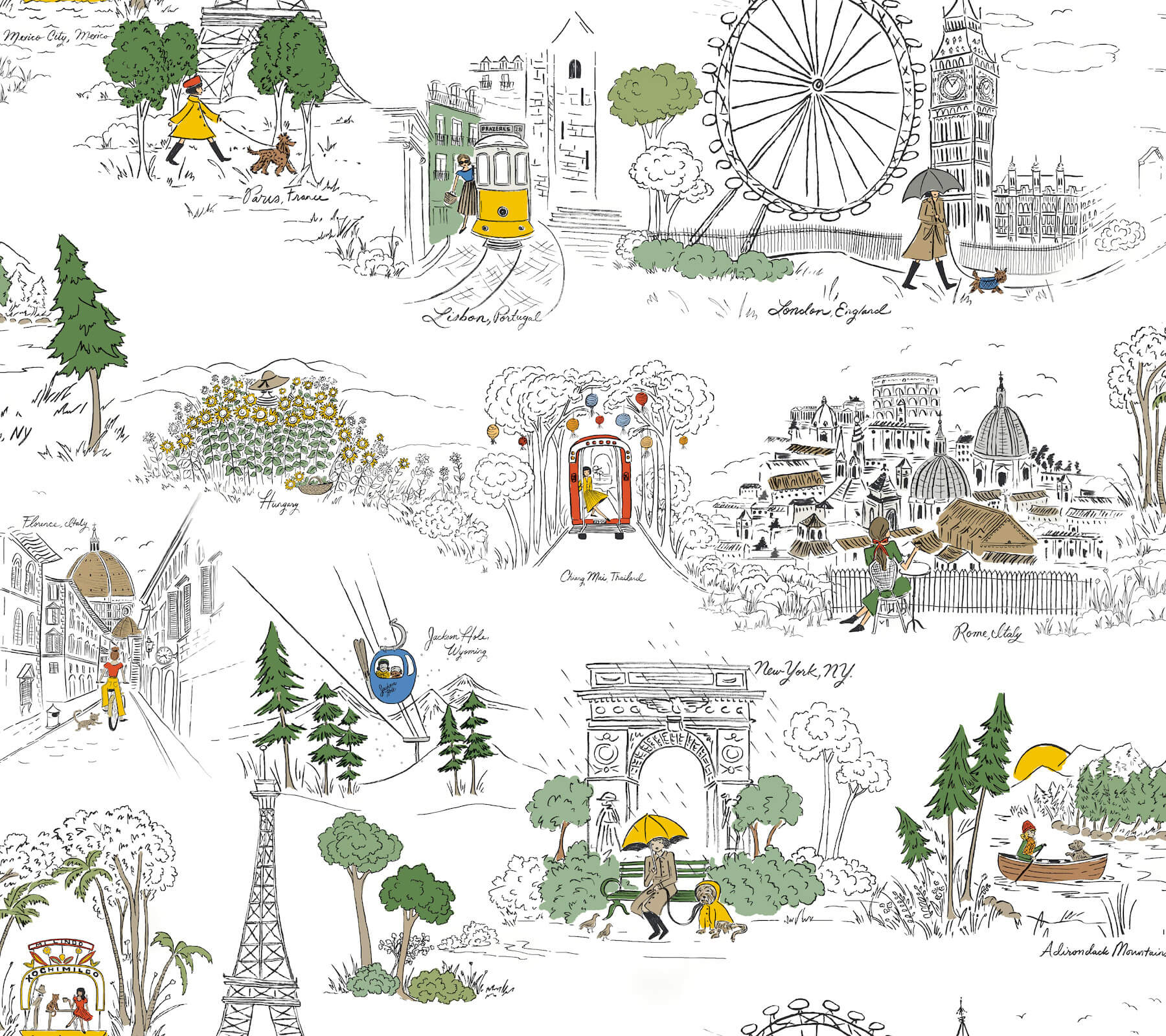 travel-sketches-yellow-globetrotter-premium-peel-stick-wallpaper-york-wallcoverings-psw1683rl - York Wallcoverings Wallpaper
