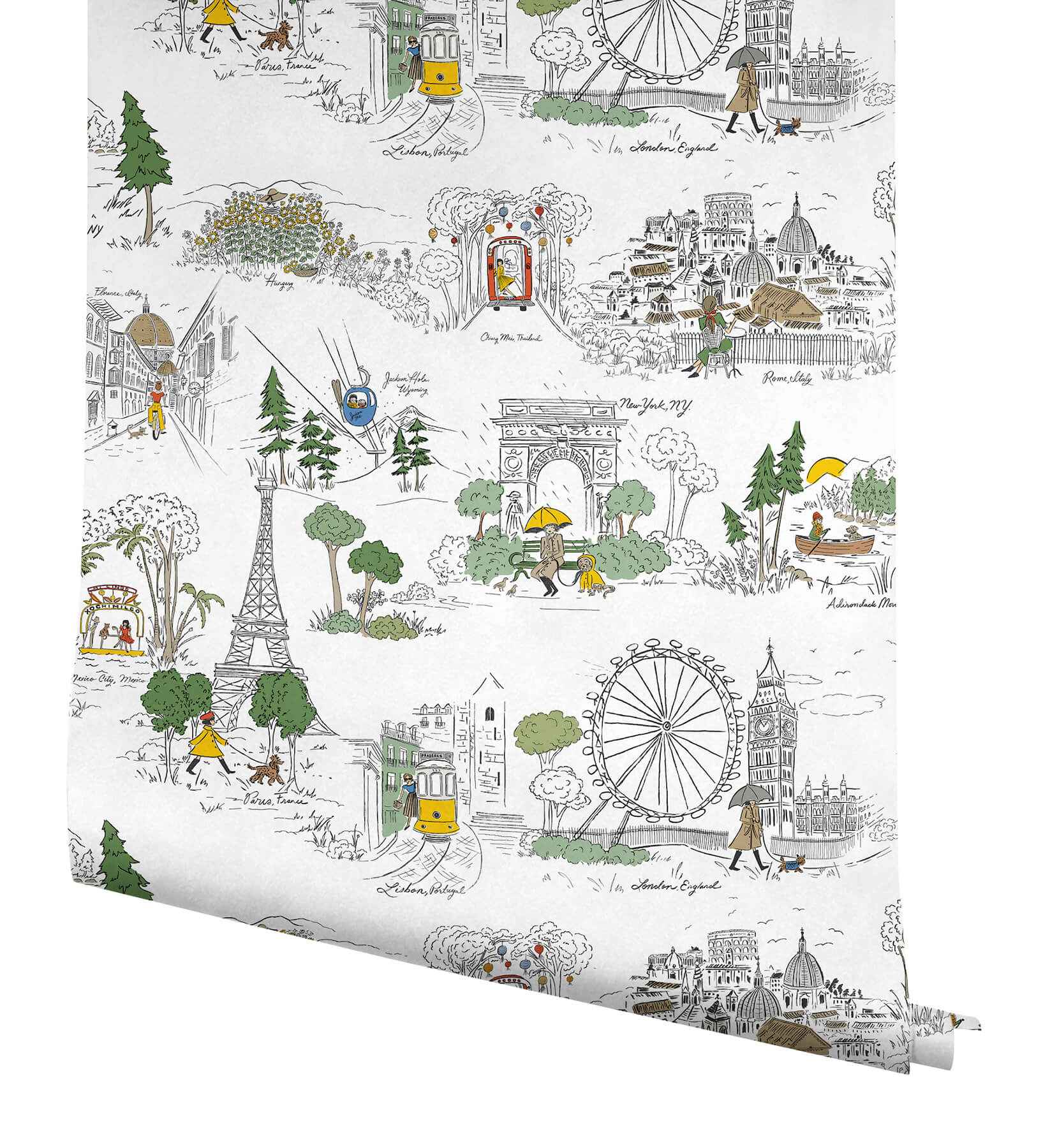 Travel Sketches Yellow Globetrotter Premium Peel + Stick Wallpaper - York Wallcoverings - PSW1683RL - York Wallcoverings Wallpaper