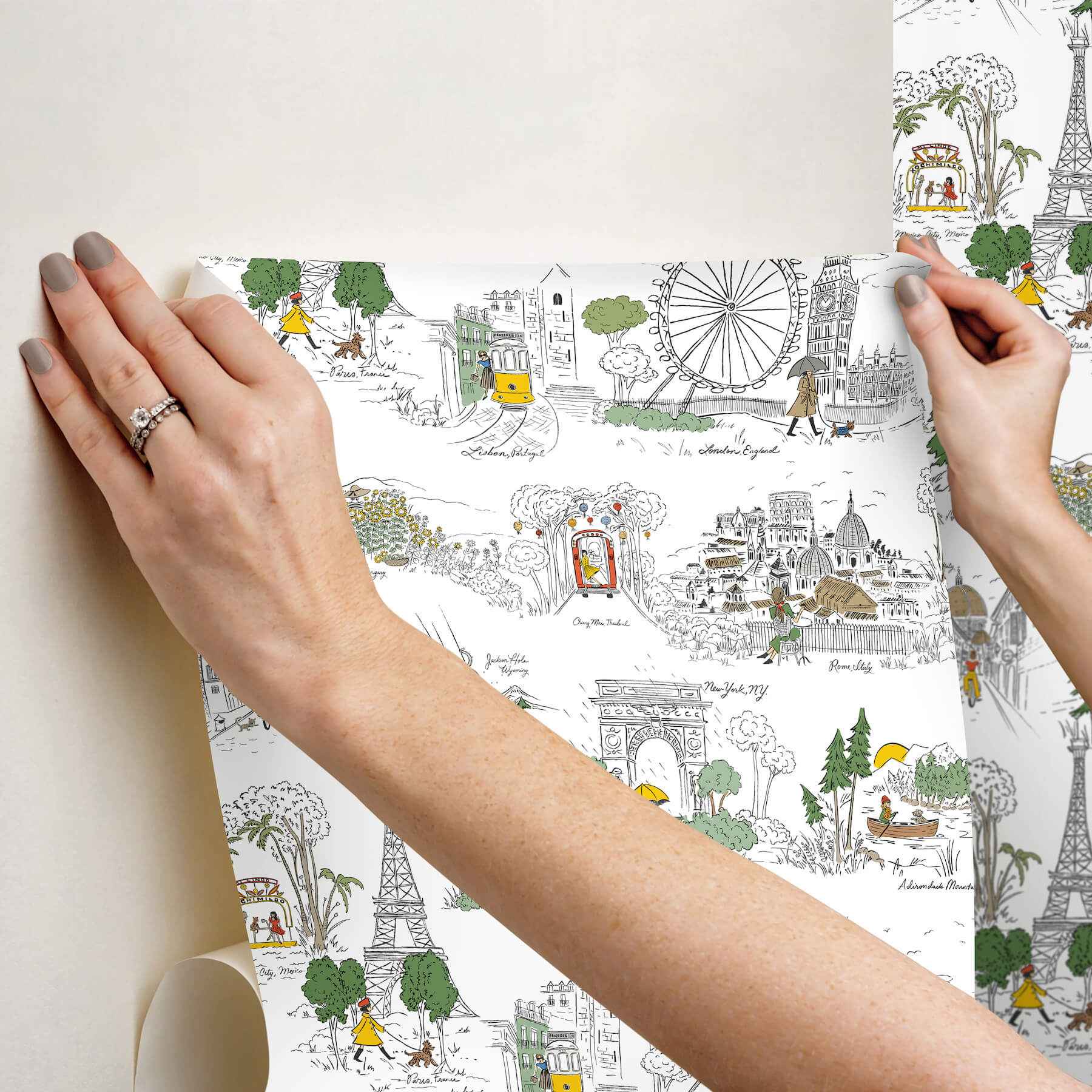Travel Sketches Yellow Globetrotter Premium Peel + Stick Wallpaper - York Wallcoverings - PSW1683RL - York Wallcoverings Wallpaper