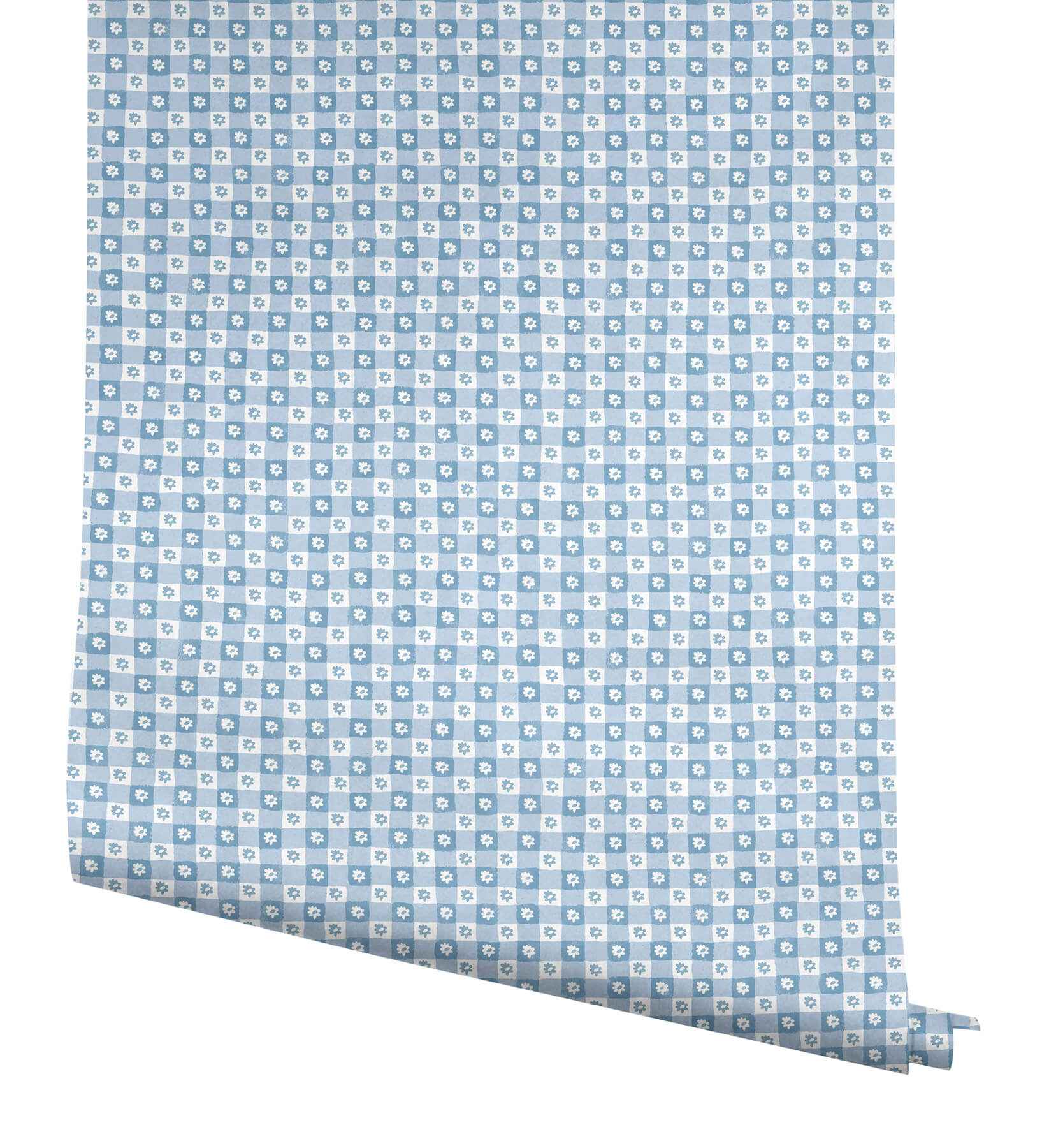 Daisy Gingham Blue Floral Check Premium Peel + Stick Wallpaper - York Wallcoverings - PSW1689RL