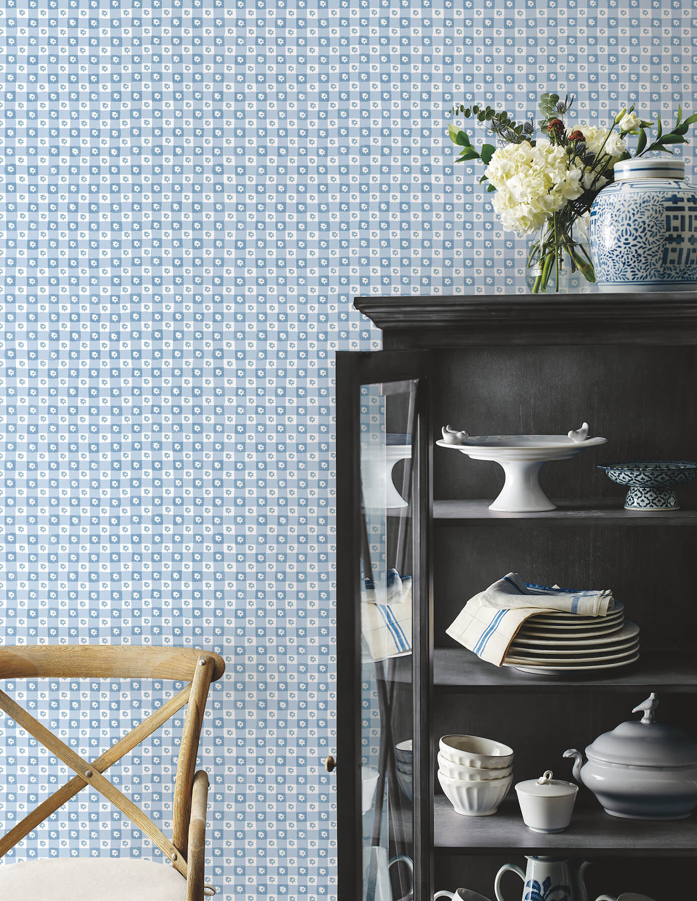 daisy-gingham-blue-floral-check-premium-peel-stick-wallpaper-york-wallcoverings-psw1689rl - York Wallcoverings Wallpaper