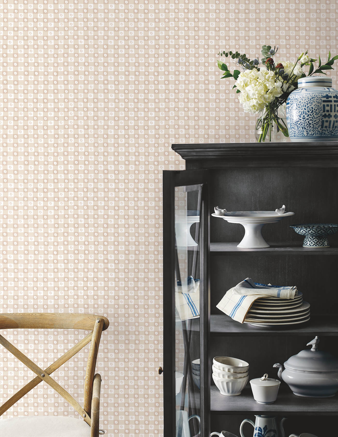 daisy-gingham-blush-floral-check-premium-peel-stick-wallpaper-york-wallcoverings-psw1690rl - York Wallcoverings Wallpaper