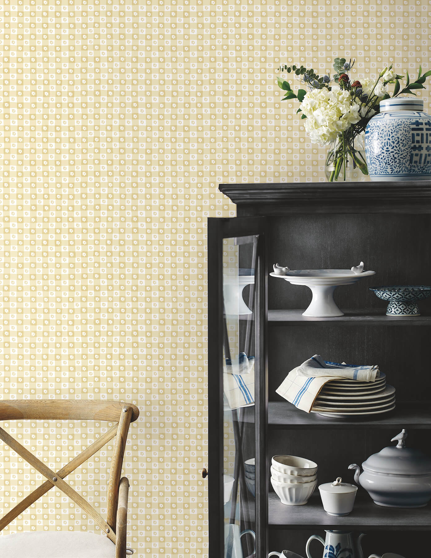 daisy-gingham-yellow-floral-check-premium-peel-stick-wallpaper-york-wallcoverings-psw1692rl - York Wallcoverings Wallpaper