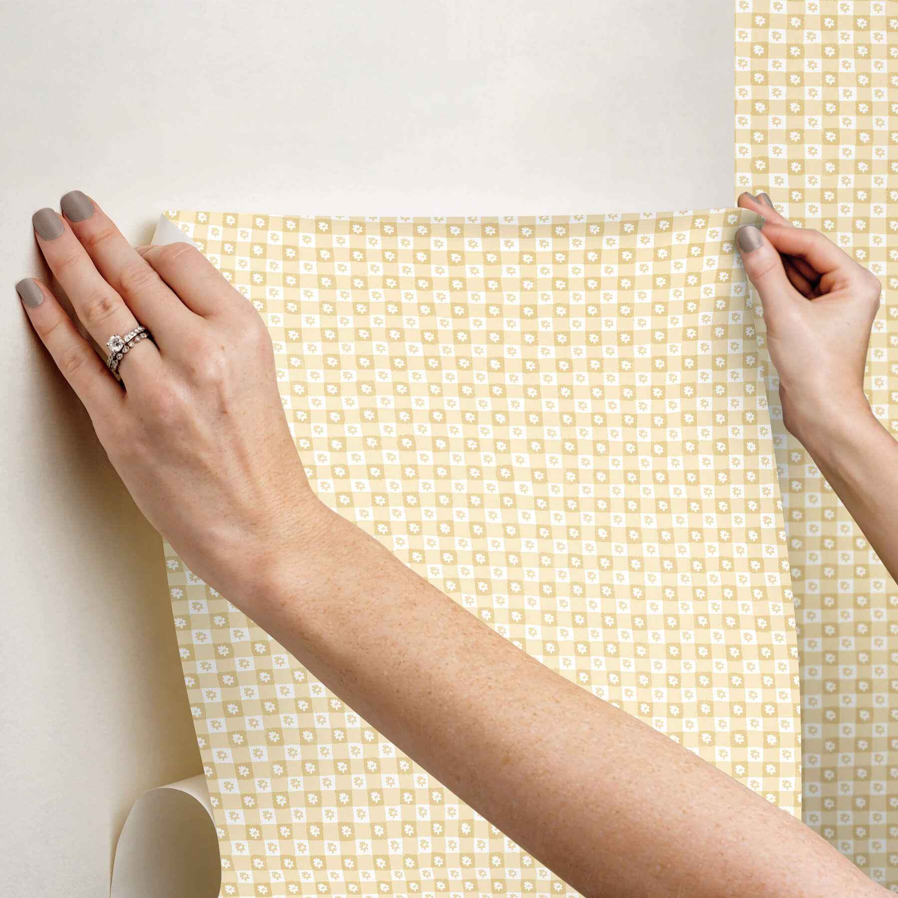 Daisy Gingham Yellow Floral Check Premium Peel + Stick Wallpaper - York Wallcoverings - PSW1692RL - York Wallcoverings Wallpaper