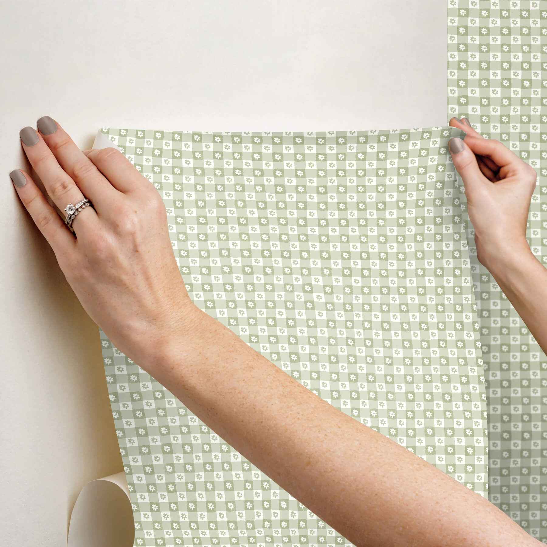 Daisy Gingham Green Floral Check Premium Peel + Stick Wallpaper - York Wallcoverings - PSW1694RL - York Wallcoverings Wallpaper