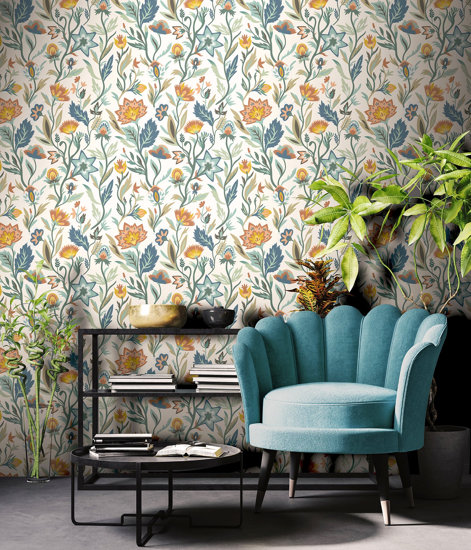 mallory-blue-vivid-floral-wallpaper-york-wallcoverings-ah100381ah - York Wallcoverings Papel pintado